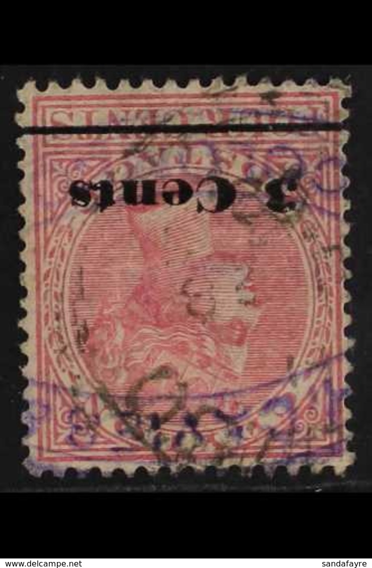 1892  3c On 4c Rose Surcharge WATERMARK INVERTED Variety, SG 242w, Used, Thin, Very Scarce. For More Images, Please Visi - Ceilán (...-1947)
