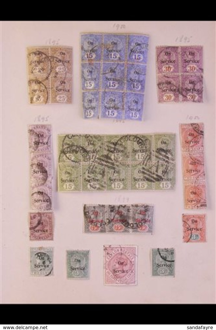 1895 - 1900 OFFICIALS  Tremendous Used Group On An Ancient Album Page Includes Some Excellent Used Blocks 4, 9 & 10 & St - Ceylon (...-1947)
