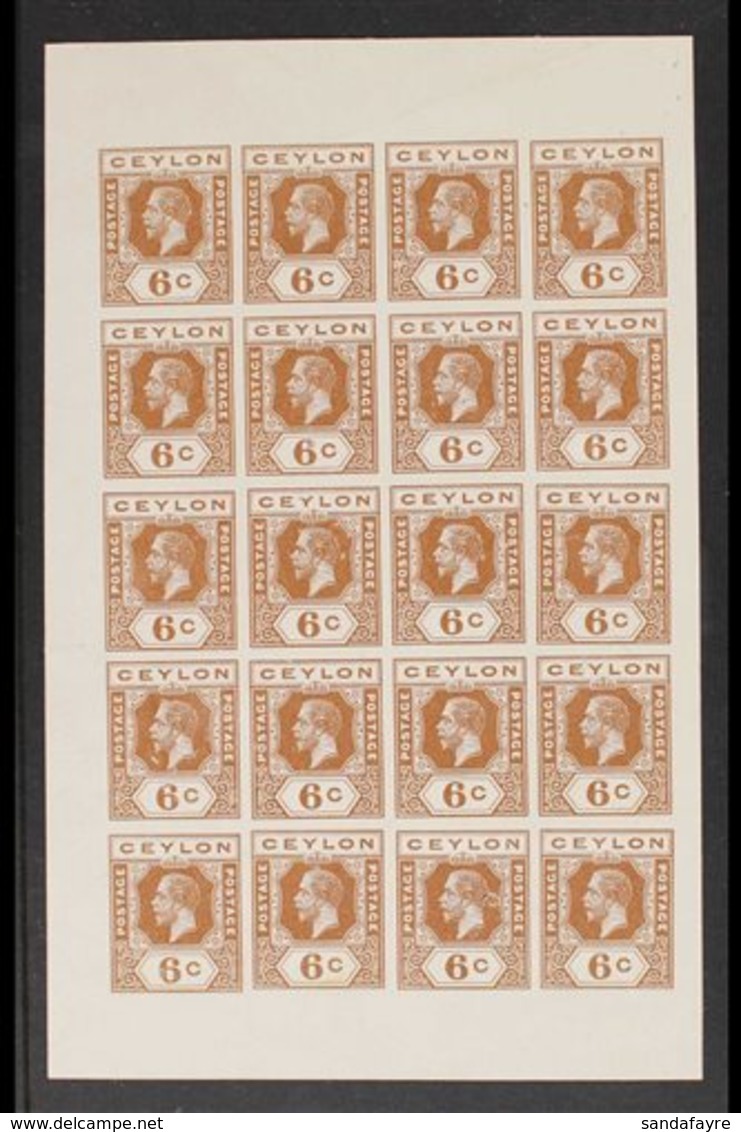1912 IMPERF COLOUR TRIAL PROOFS.  Complete IMPERF PANE OF 20 PROOFS Of The 6c Value Inscribed 'Postage Postage' (used Fo - Ceylon (...-1947)