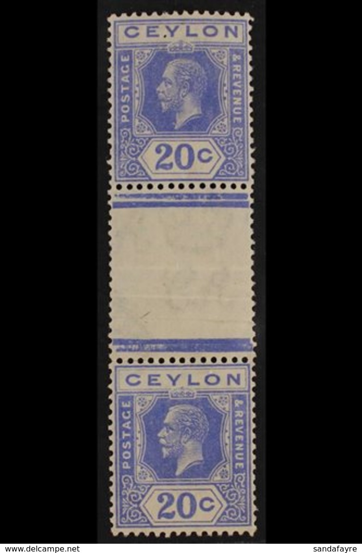 1921-32  20c Bright Blue VERTICAL GUTTER PAIR DIE I AND DIE II, SG 352b, Fine Mint, Folded Alongside Gutter, Very Scarce - Ceylon (...-1947)
