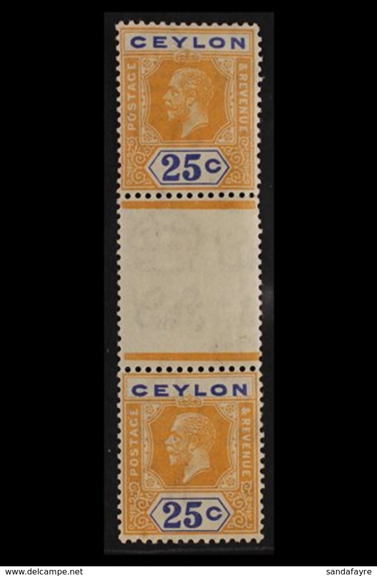 1921-32  25c Orange-yellow & Blue VERTICAL GUTTER PAIR DIE I AND DIE II, SG 351c, Fine Mint, Very Scarce. (2 Stamps) For - Ceylon (...-1947)