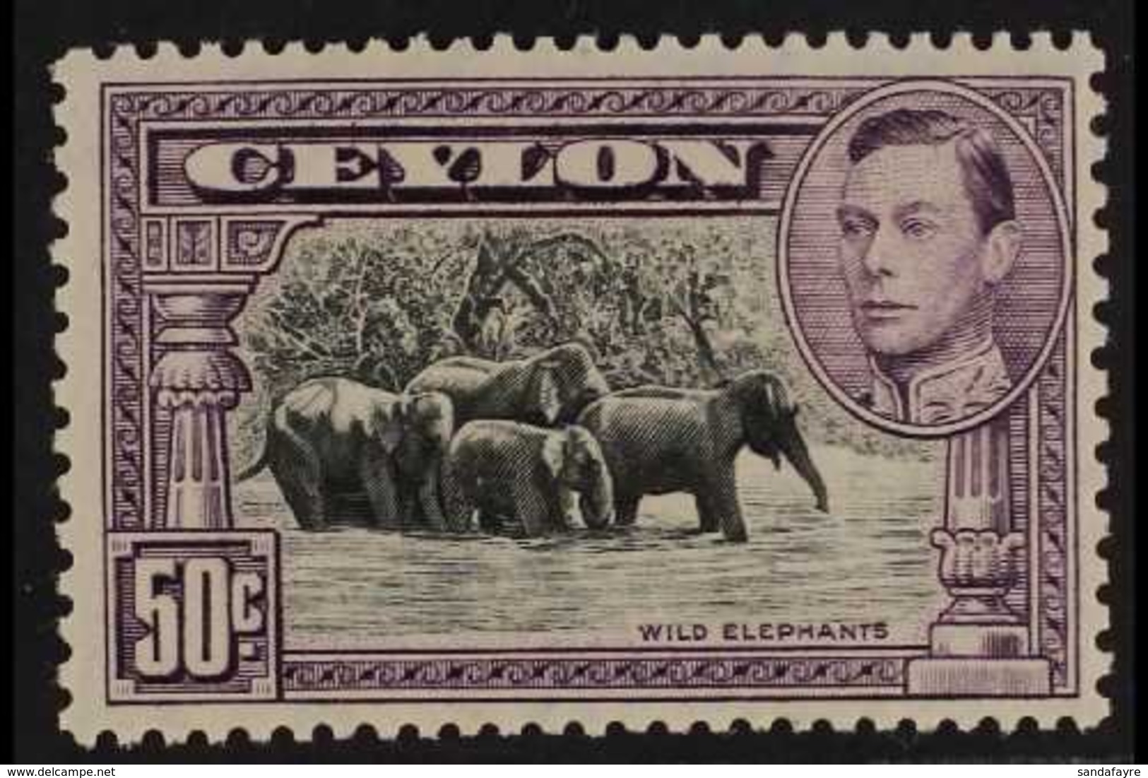 1938-49  50c Black & Mauve Wild Elephants Perf 13x11½, SG 394, Very Fine Mint, Fresh. For More Images, Please Visit Http - Ceylon (...-1947)