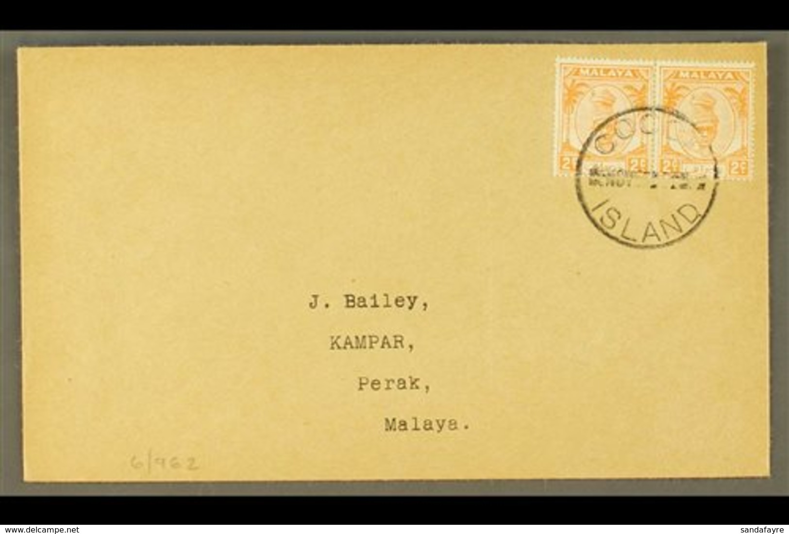 1950  (Nov) neat Envelope To Perak Bearing Perak 2c Orange (SG 129) Pair Tied By COCOS ISLAND Cds. For More Images, Plea - Cocoseilanden