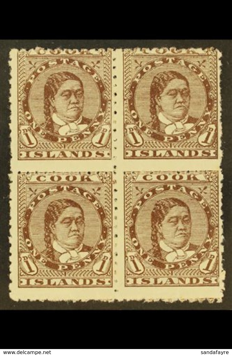 1893-1900  1d Brown Queen, SG 5, Scarce Mint Block Of Four With Large Part Gum, Some Light Paper Adherence. For More Ima - Cook Islands