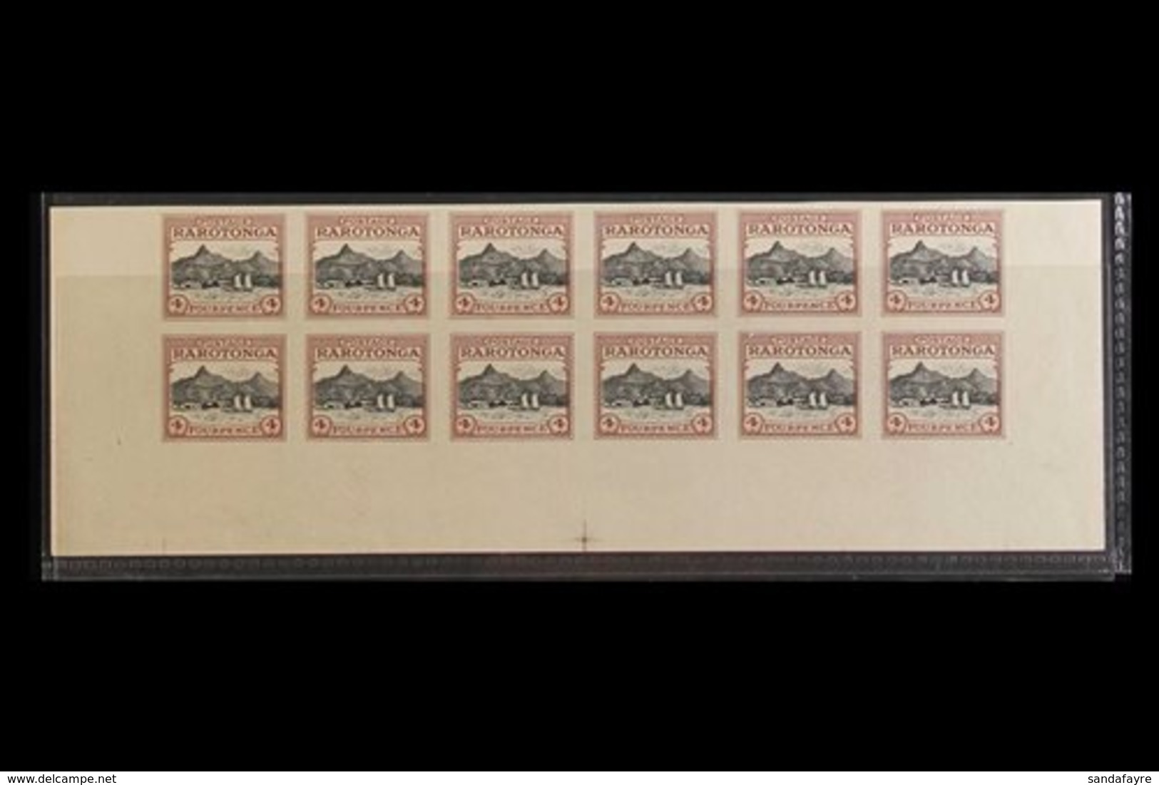 1924/7  4d Raratonga Harbour Colour Trial In Brown And Black, As SG 84, Imperf Bottom Part Sheet Of 12, On Ungummed Pape - Cookinseln