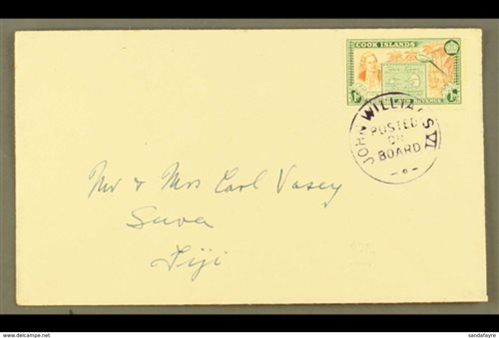 1949  1d Chestnut And Green, SG 151, On A Neat Envelope To Fiji, Tied By Upright Violet "John Williams VI/Posted On Boar - Cookinseln