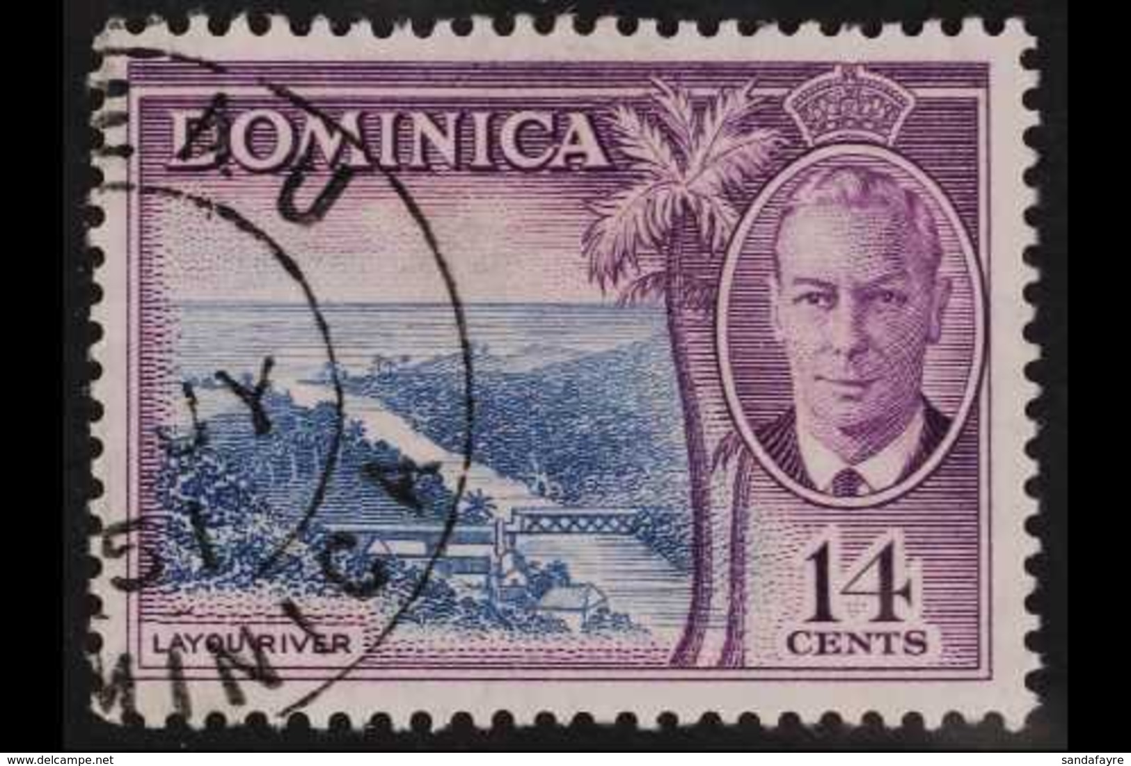 1951  14c Blue And Violet, Layou River, Variety "A Of CA Missing From Wmk", SG 129b, Very Fine Used. Royal Cert. For Mor - Dominica (...-1978)