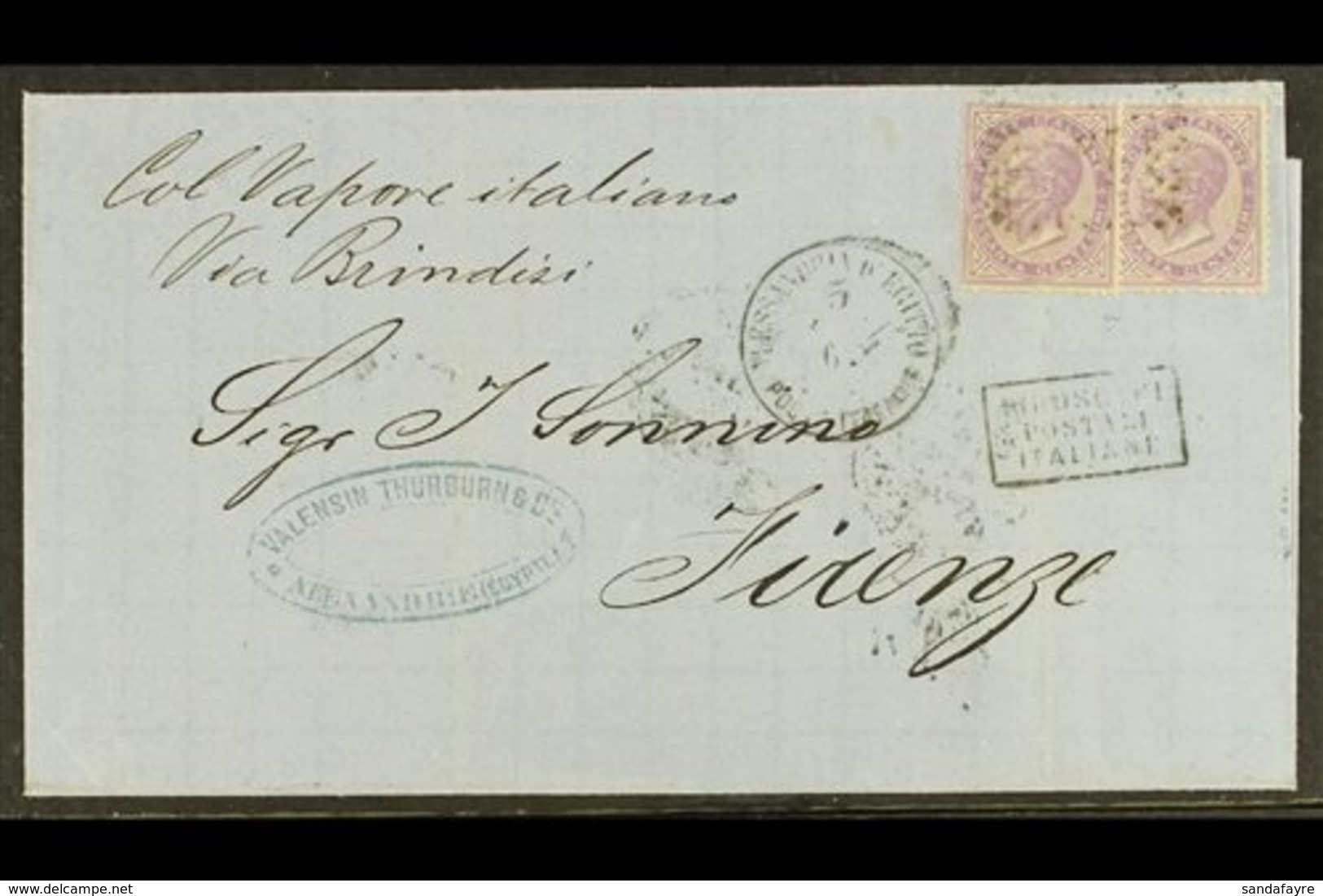 1867  (3 Dec) Cover Endorsed "Col Vapore Italiano / Via Brindisi" Sent From Alexandria To Firenze, Bears Two Italian 60c - Other & Unclassified