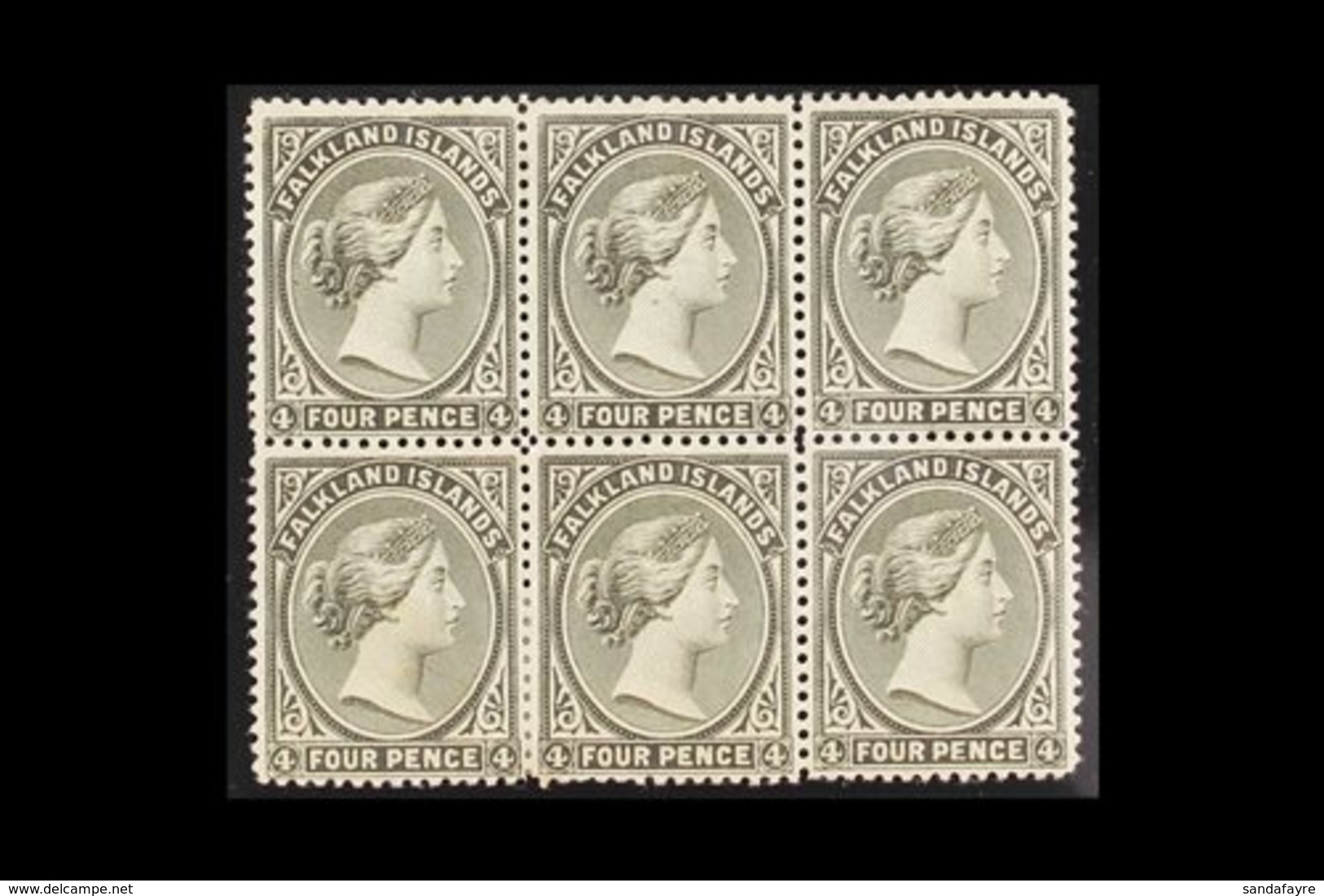 1891-02  4d Olive-black, Wmk Crown CA, SG 32, Very Fine Mint BLOCK OF SIX, BPA Certificate, Cat £96. For More Images, Pl - Falklandinseln