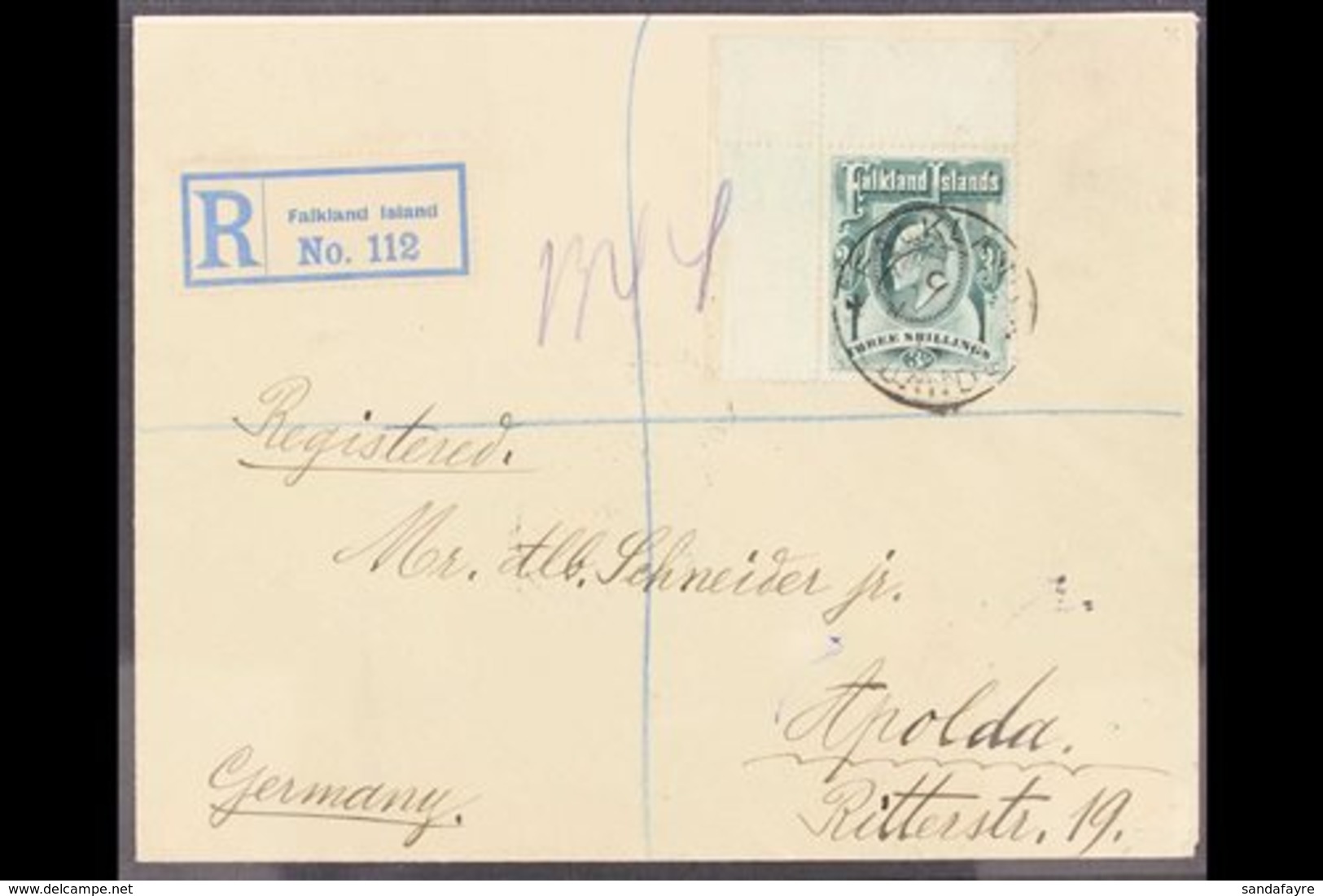 1913  (May) Env Registered To Germany Bearing 1904 3s Deep Green From The Upper-left Corner Of The Sheet Tied By Falklan - Falklandinseln