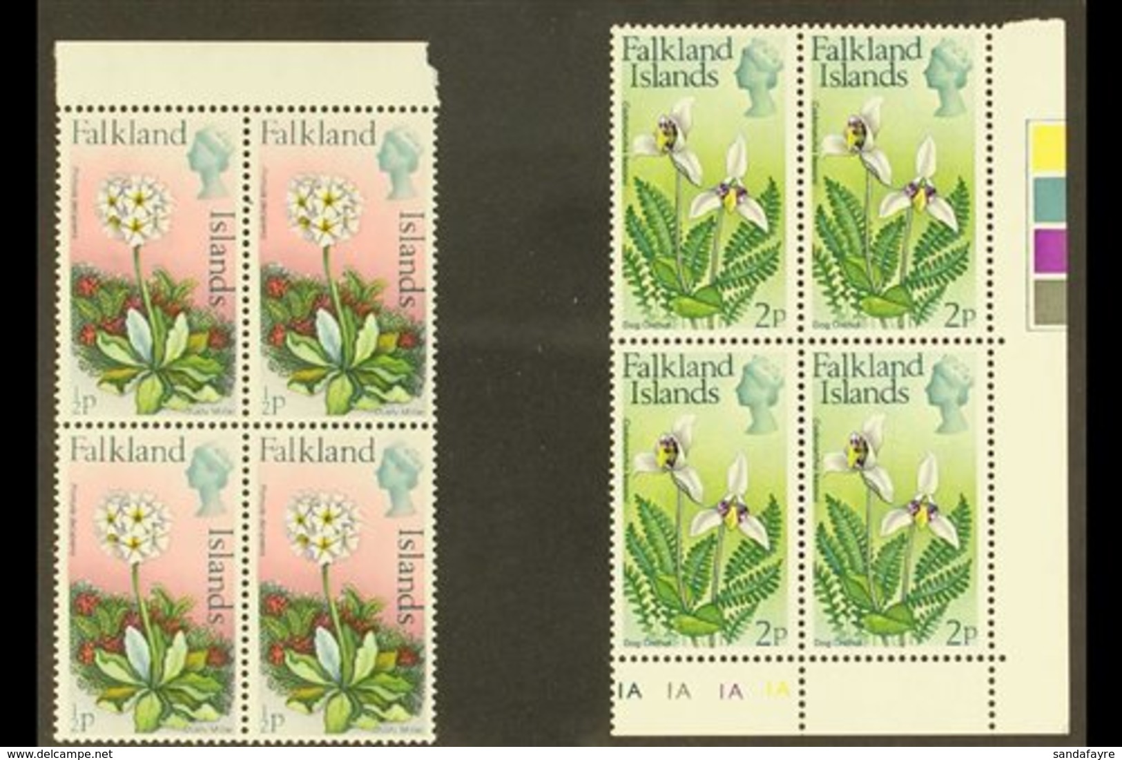1974  Flowers Definitive ½d And 2d With Watermark Upright, SG 293/94, Never Hinged Mint Marginal BLOCKS OF FOUR. (2 Bloc - Islas Malvinas