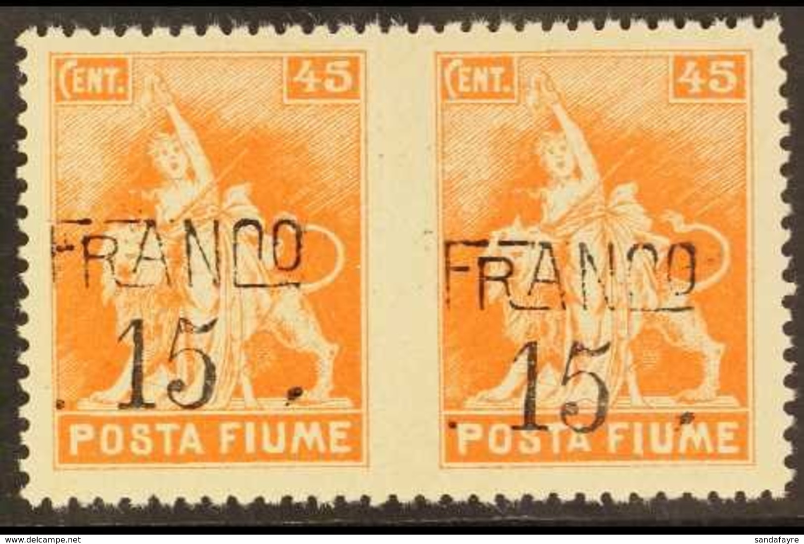 1919  15c On 45c Orange Surcharge Horizontal PAIR IMPERF BETWEEN Variety, Sassone D79o, Fine Mint, Light Crease Between  - Fiume