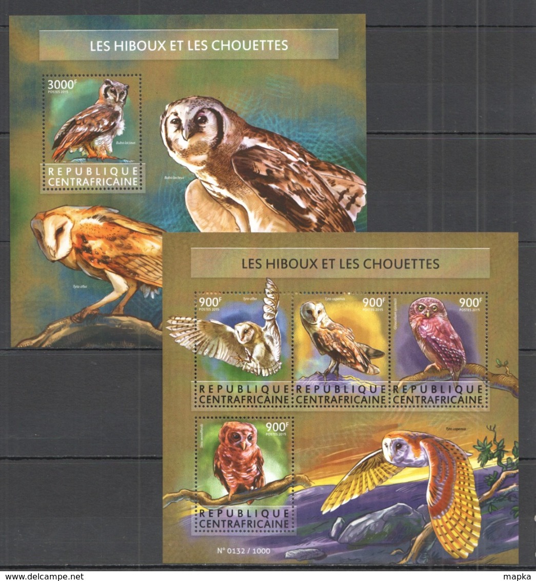 CA203 2015 CENTRAL AFRICA CENTRAFRICAINE FAUNA BIRDS OWLS LES HIBOUX CHOUETTES KB+BL MNH - Hiboux & Chouettes