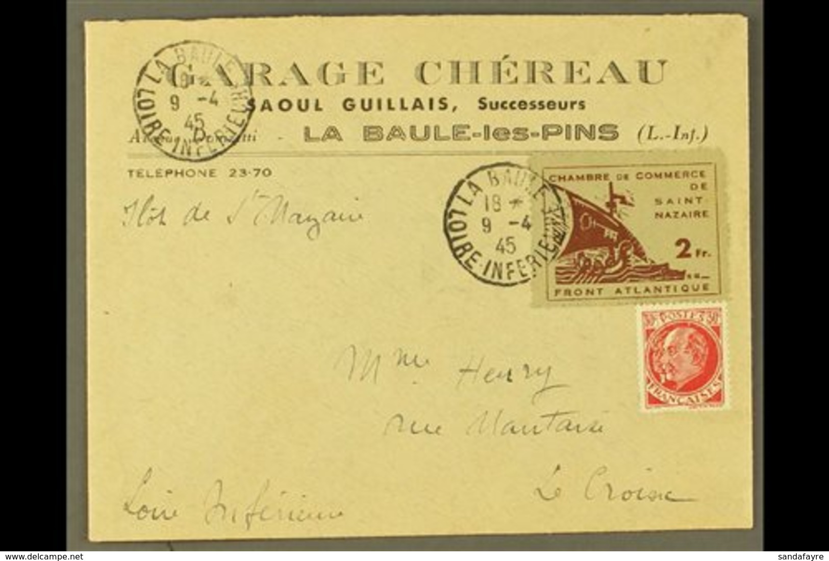 LOCAL POSTS  SAINT-NAZAIRE 1945 (9 April) Printed Cover To La Croisic Bearing St Nazaire Chamber Of Commerce 2fr Brown L - Other & Unclassified