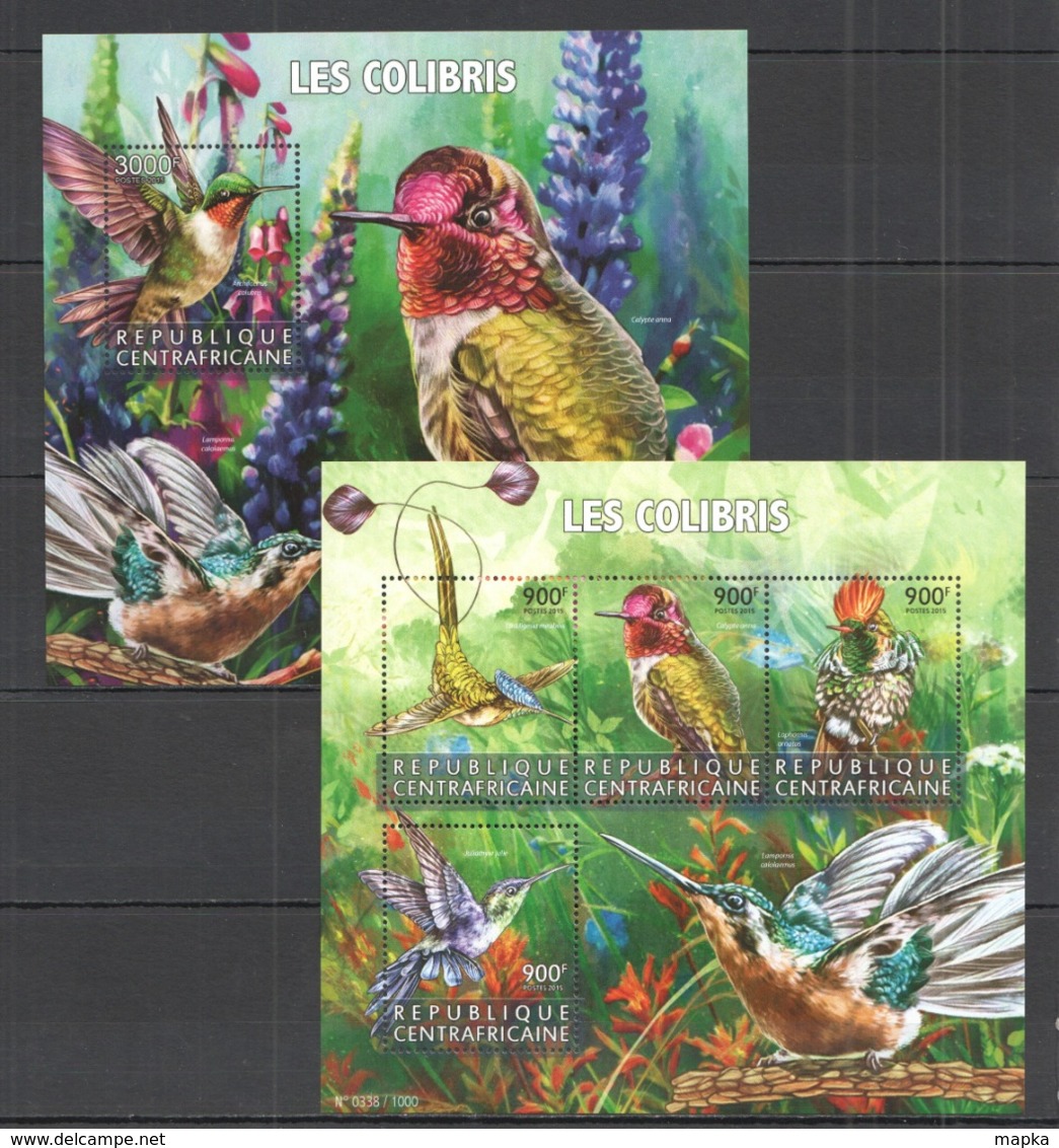 CA207 2015 CENTRAL AFRICA CENTRAFRICAINE FAUNA BIRDS HUMMINGBIRDS LES COLIBRIS KB+BL MNH - Colibris