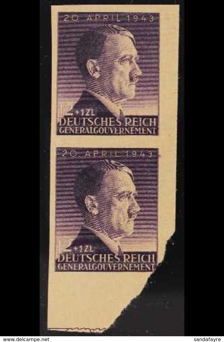 GENERALGOUVERNEMENT  1943 Hitlers Birthday 12z+1z Violet - A Vertical IMPERF PROOF PAIR On Yellowish Ungummed Paper, Mic - Sonstige & Ohne Zuordnung