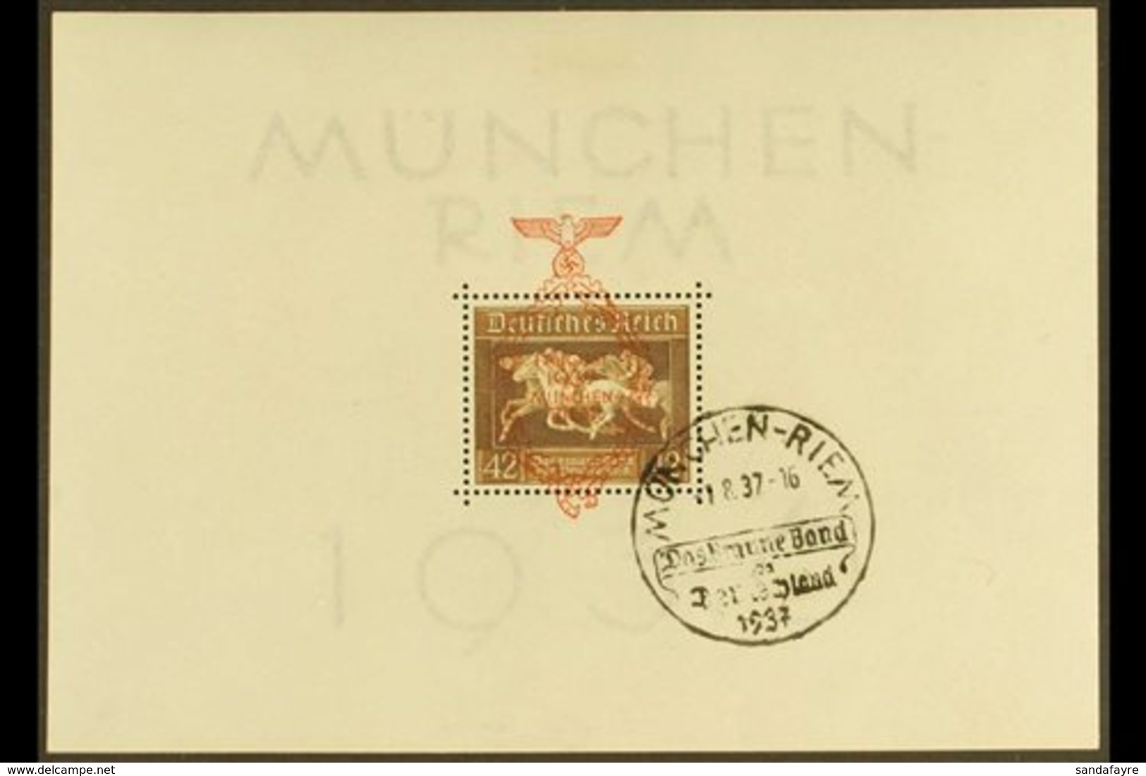 1937  "Brown Ribbon Of Germany" Miniature Sheet (Mi Block 10, SG MS637a) Used With "Munchen-Riem" Special Cancel. For Mo - Other & Unclassified