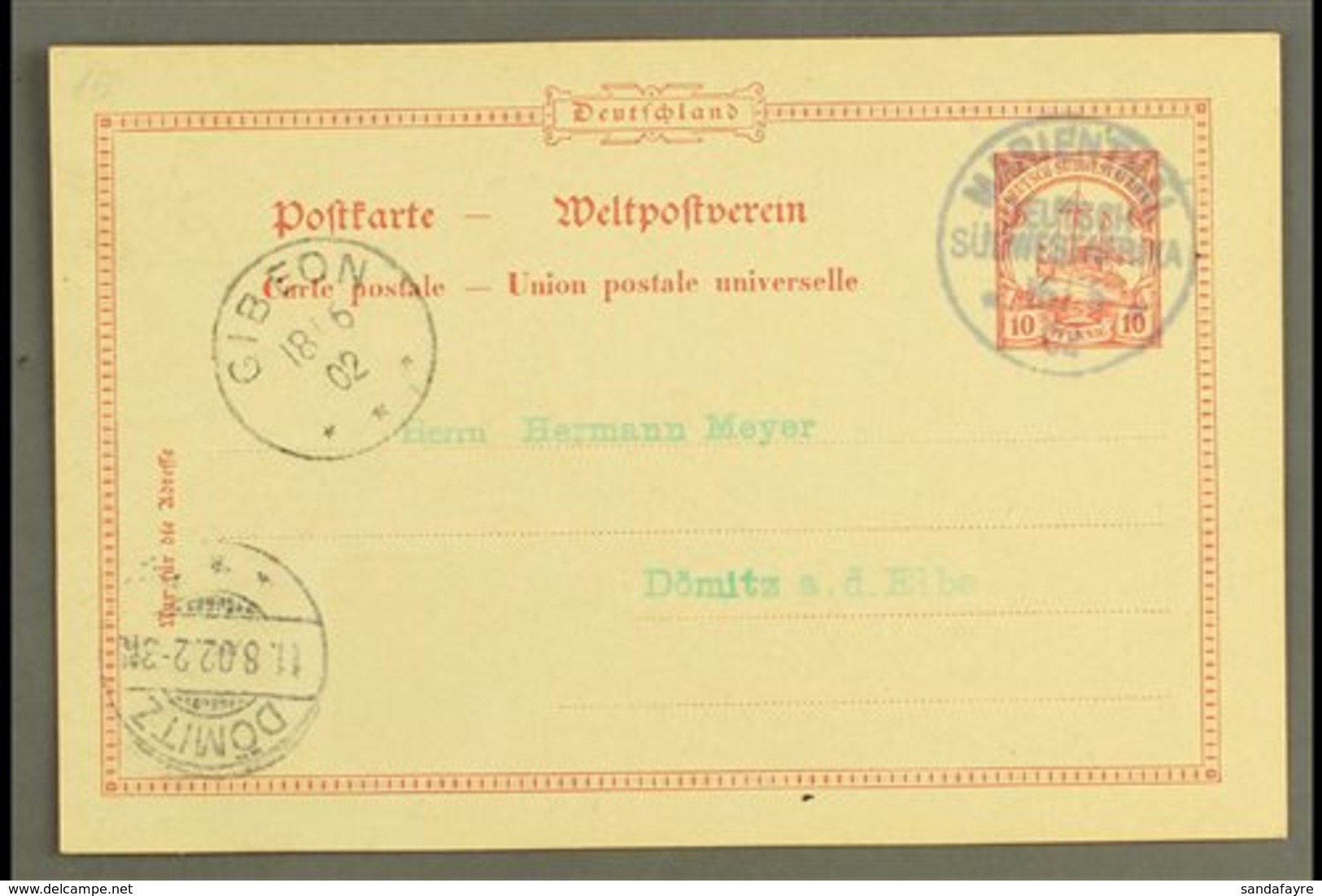 SOUTH WEST AFRICA  1902 (16 Jun) 10pf Yacht Postal Stationery Card To Germany Cancelled By Fine "MARIENTAL" Cds Postmark - Other & Unclassified