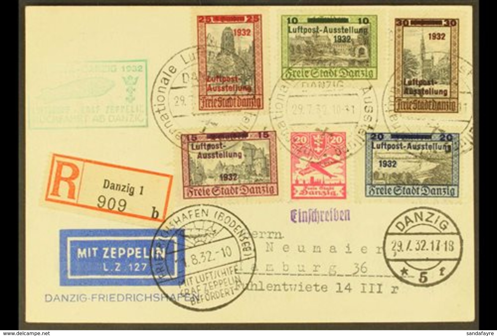 1932 GRAF ZEPPELIN DANZIG FLIGHT (LUPOSTA)  (29 July) Special Registered Picture Postcard Addressed To Germany, Bearing  - Sonstige & Ohne Zuordnung