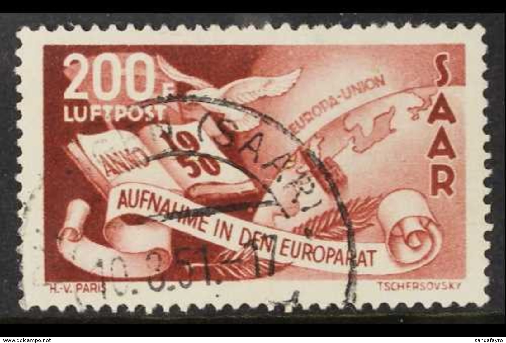 1950  200f Air Brown-lake Council Of Europe (Michel 298, SG 295), Superb Used With Fully Dated "Dillingen 10.8.51" Cds C - Autres & Non Classés