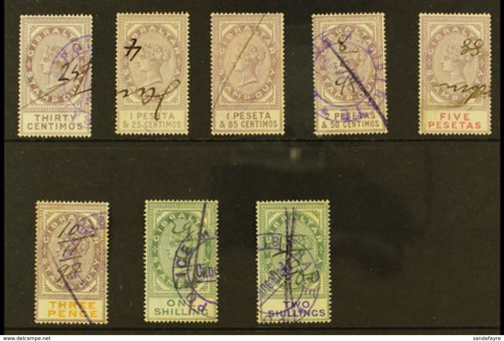 REVENUE STAMPS  STAMP DUTY 1894 30c, 1p25, 1p85, 2p50 And 5p (Barefoot 1/2 & 4/6); Plus 1898 3d, 1s And 2s (Barefoot 10/ - Gibraltar