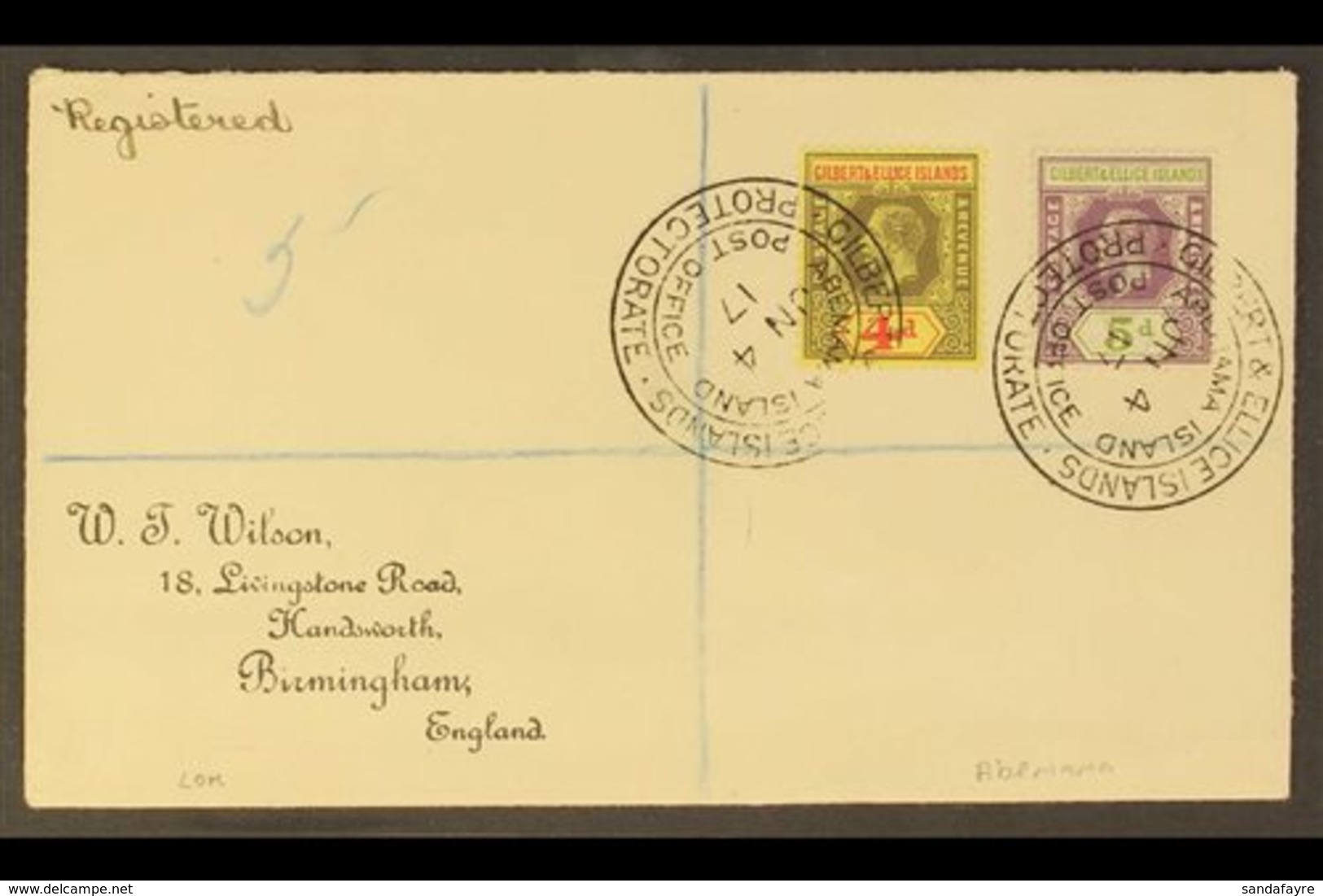 1917  (June) A Fine "Wilson" Envelope Registered To England, Bearing KGV 4d And 5d Tied By Crisp ABEMAMA ISLAND Double R - Gilbert- En Ellice-eilanden (...-1979)