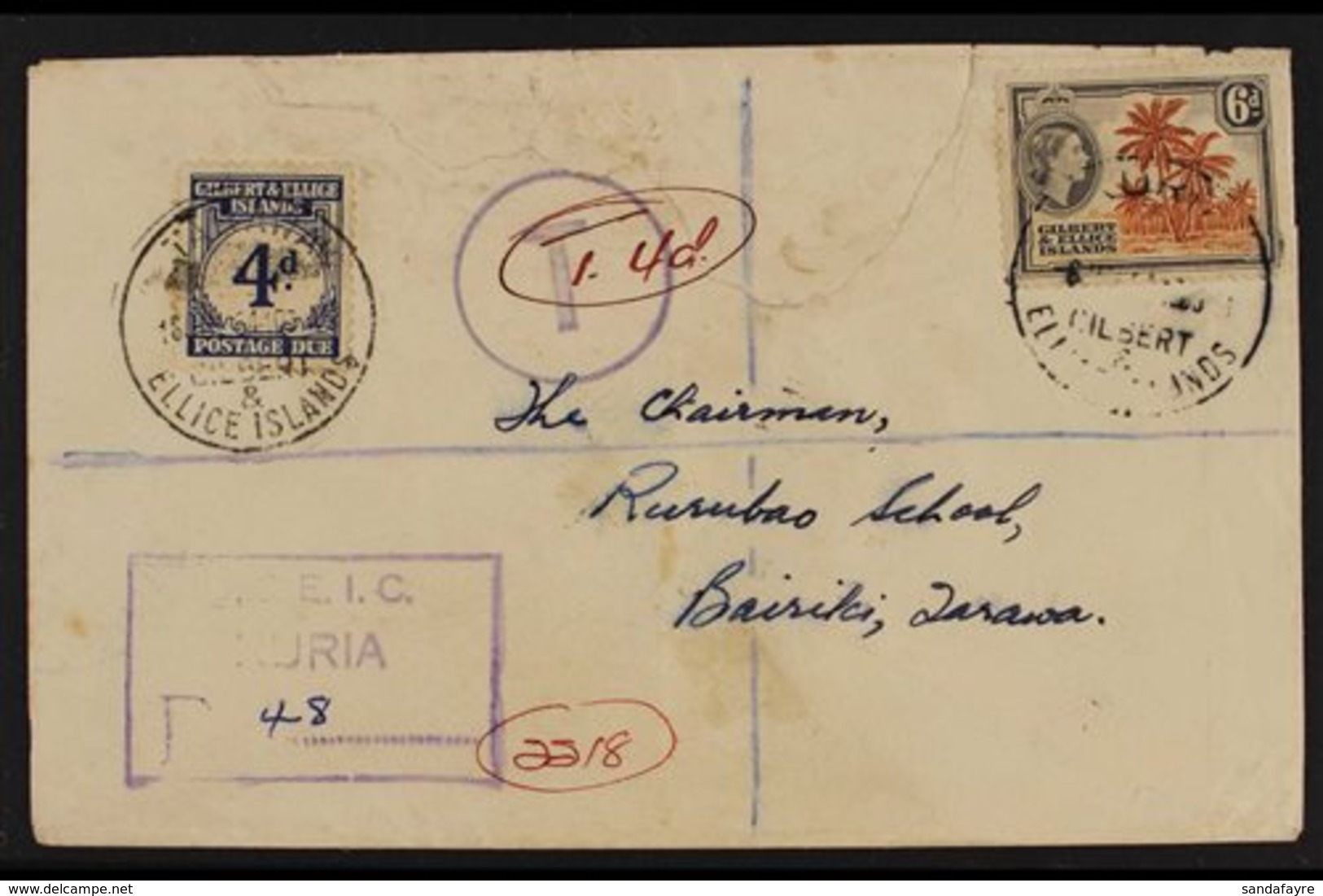 POSTAGE DUE  1964 Registered "Turia" Cover To Bairiki, Tarawa Atoll, Bearing Gilbert Is (1956-62) 6d Chestnut & Black Br - Gilbert- Und Ellice-Inseln (...-1979)