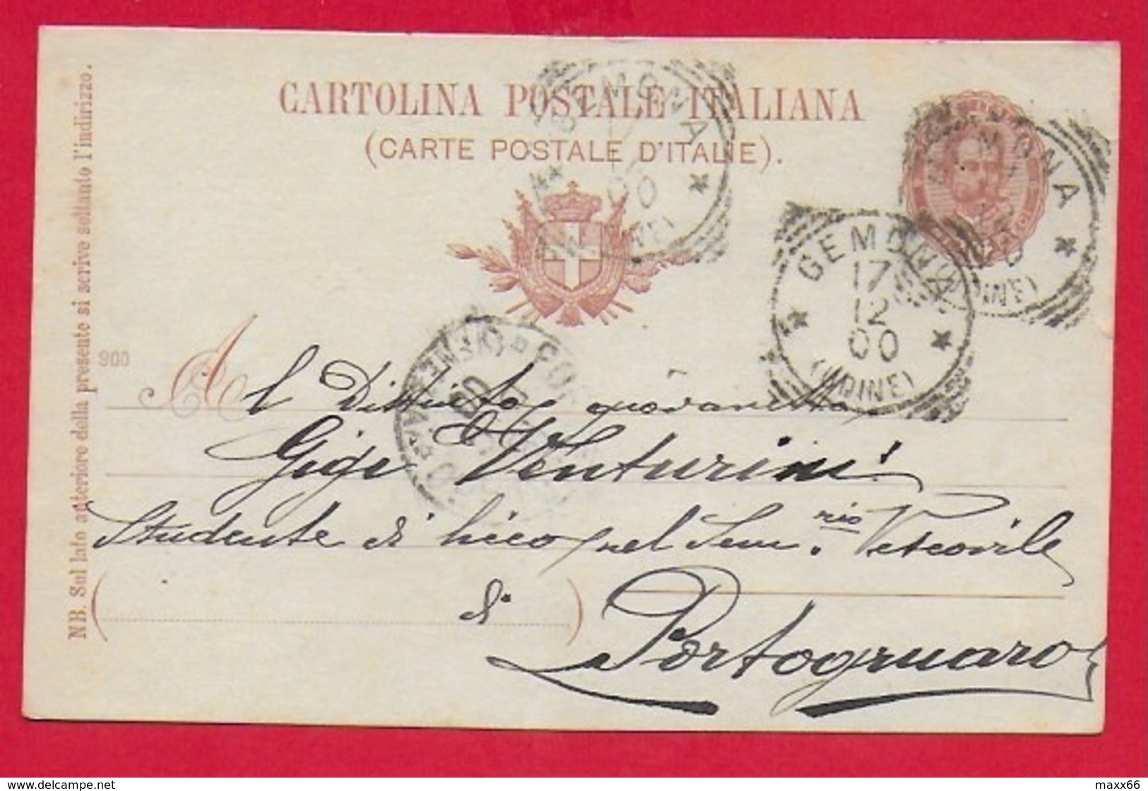 CARTOLINA POSTALE VG ITALIA - 1895 Effige Umberto I° Ovale - 10 C. - U. CP 25 - 9 X 14 - 1900 GEMONA PORTOGRUARO - Interi Postali