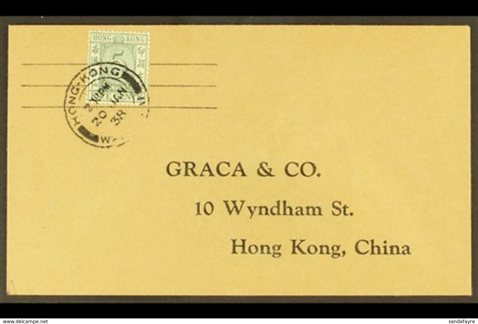 POSTAL FISCAL COVER.  1938 (20 Jan) Cover Addressed Locally, Bearing POSTAL FISCAL 1938 5c Green (SG F12) Tied By "Hong  - Andere & Zonder Classificatie