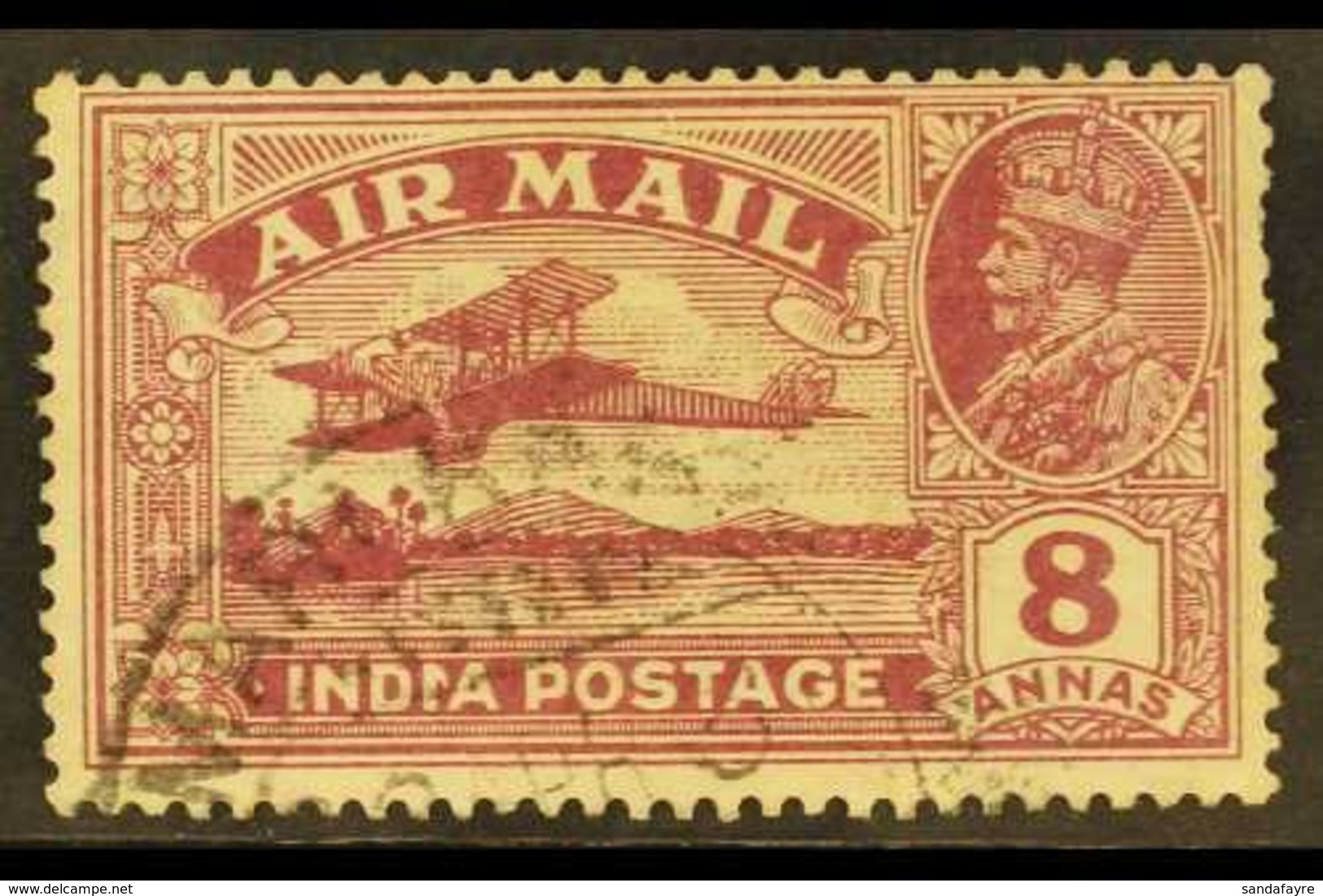 1929  8a Purple Air With REVERSED SERIF On Second "I" Of "INDIA", SG 224b, Very Fine Cds Used With Missing Perf At Right - Otros & Sin Clasificación