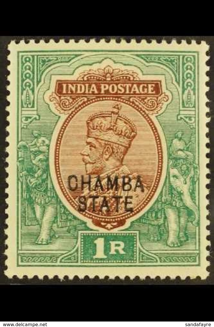 CHAMBA  1913 1r Red-brown & Deep Blue Green OVERPRINT DOUBLE ONE ALBINO Variety, SG 53a, Fine Mint, Very Fresh. For More - Other & Unclassified