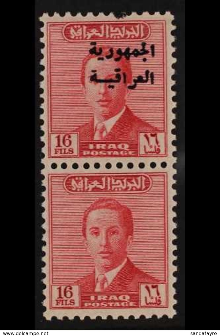 1958-60  16f Carmine-red "Iraqi Republic" Overprint Vertical PAIR ONE WITH OVERPRINT OMITTED Variety, SG 434 Var, Never  - Irak