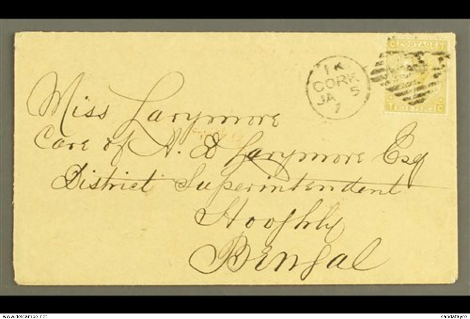 1871 COVER FROM CORK TO BENGAL  1871 (5 Jan) Cover To Hooghly, Bengal, Bearing GB 1867 9d Straw Plate 4, SG 110, Tied By - Sonstige & Ohne Zuordnung