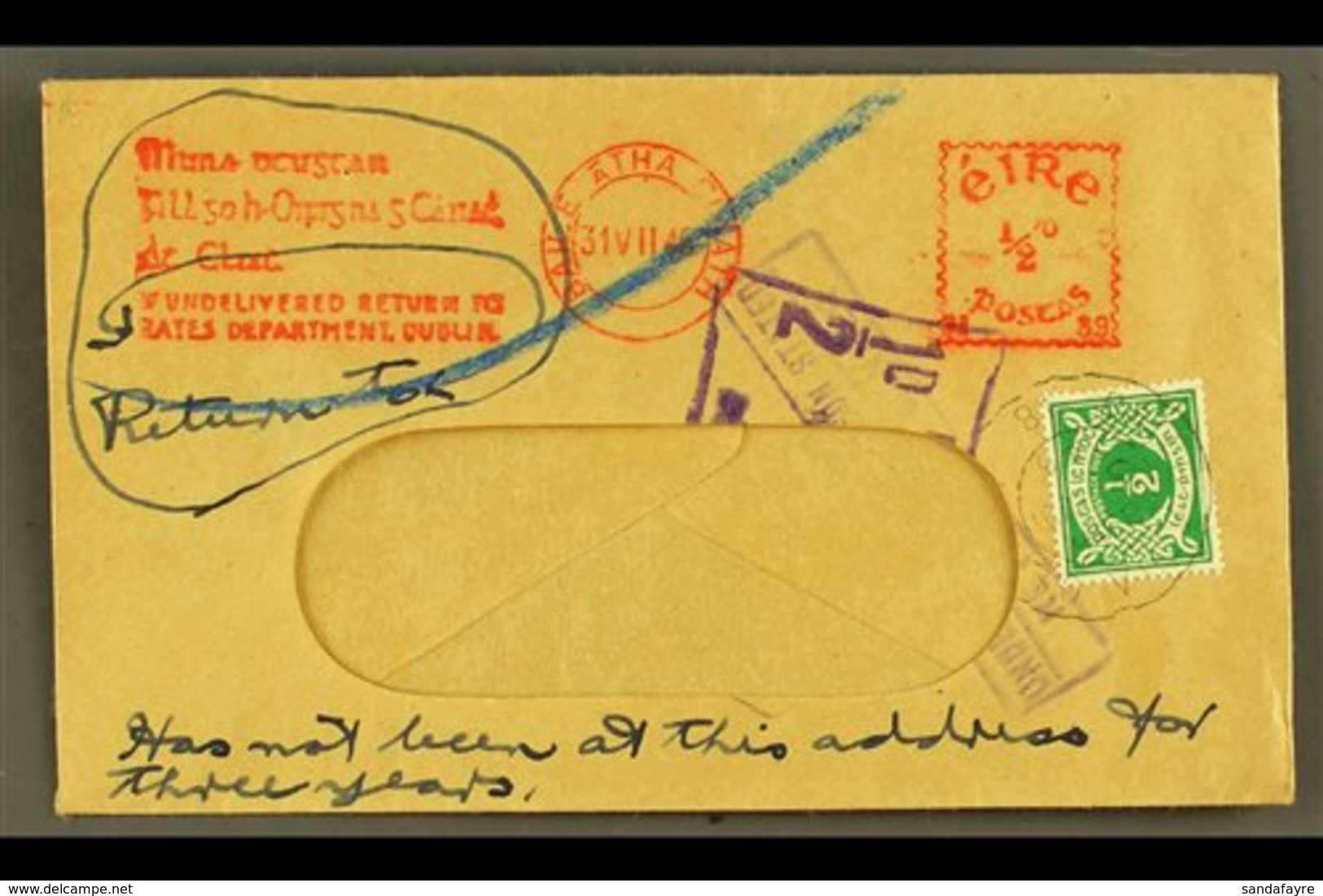 1945 POSTAGE DUE  (July) Window Envelope With Rates Dept. Dublin Meter Mark Of ½d,  Bearing ½d SG D5 Tied By Cds's, Plus - Sonstige & Ohne Zuordnung