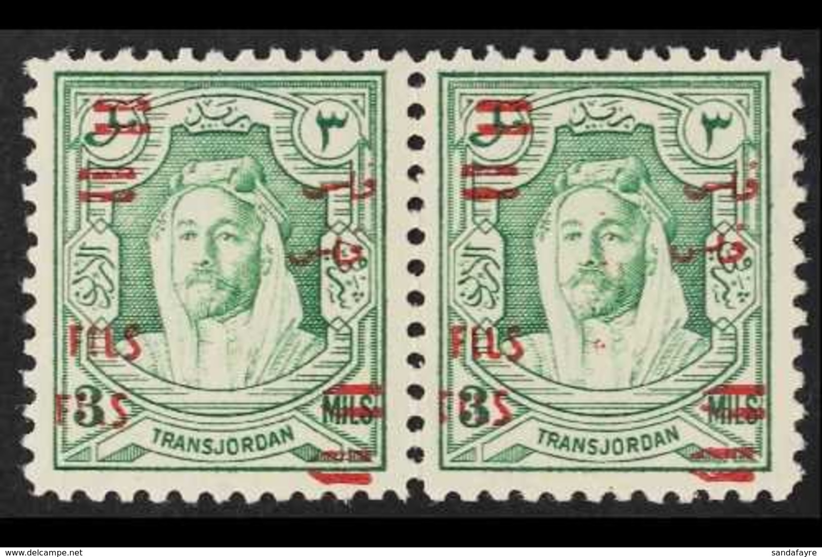 1952  3f On 3m Green OVERPRINT DOUBLE Variety, SG 315a, Never Hinged Mint Horizontal PAIR, Very Fresh. (2 Stamps) For Mo - Jordanien