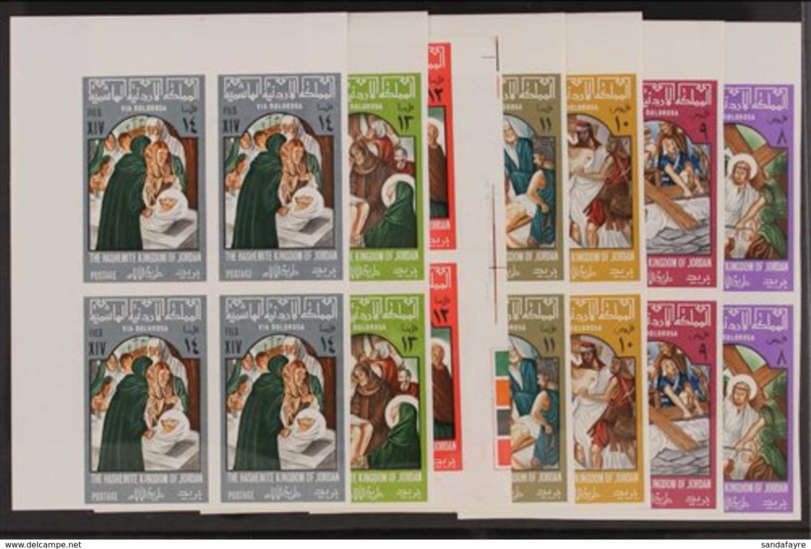 1966  Christ's Passion IMPERF Complete Set (Michel 608/21 B, SG 749/62 Var), Superb Never Hinged Mint Corner BLOCKS Of 4 - Jordanien
