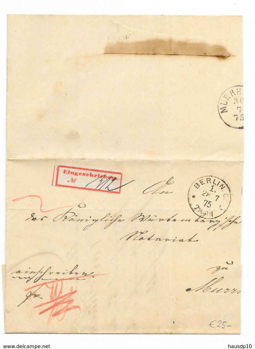 DR Brief Ausschnitt Rückschein Reco Eingeschrieben Behelfs R Zettel Berlin 1 Nach Murrhardt 1875 - Lettres & Documents