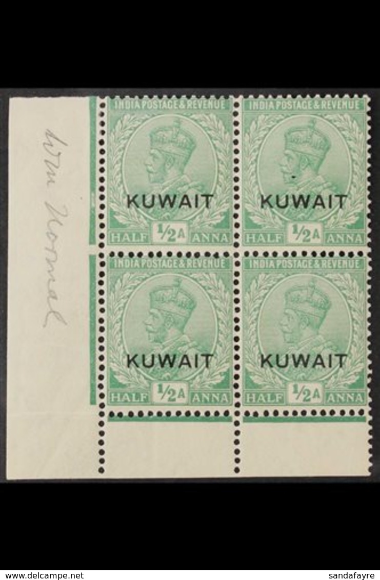 1929-37  ½a Green, Watermark Upright, SG 16, Fine Mint Corner BLOCK OF FOUR, Lower Two Stamps Never Hinged. (4 Stamps) F - Kuwait