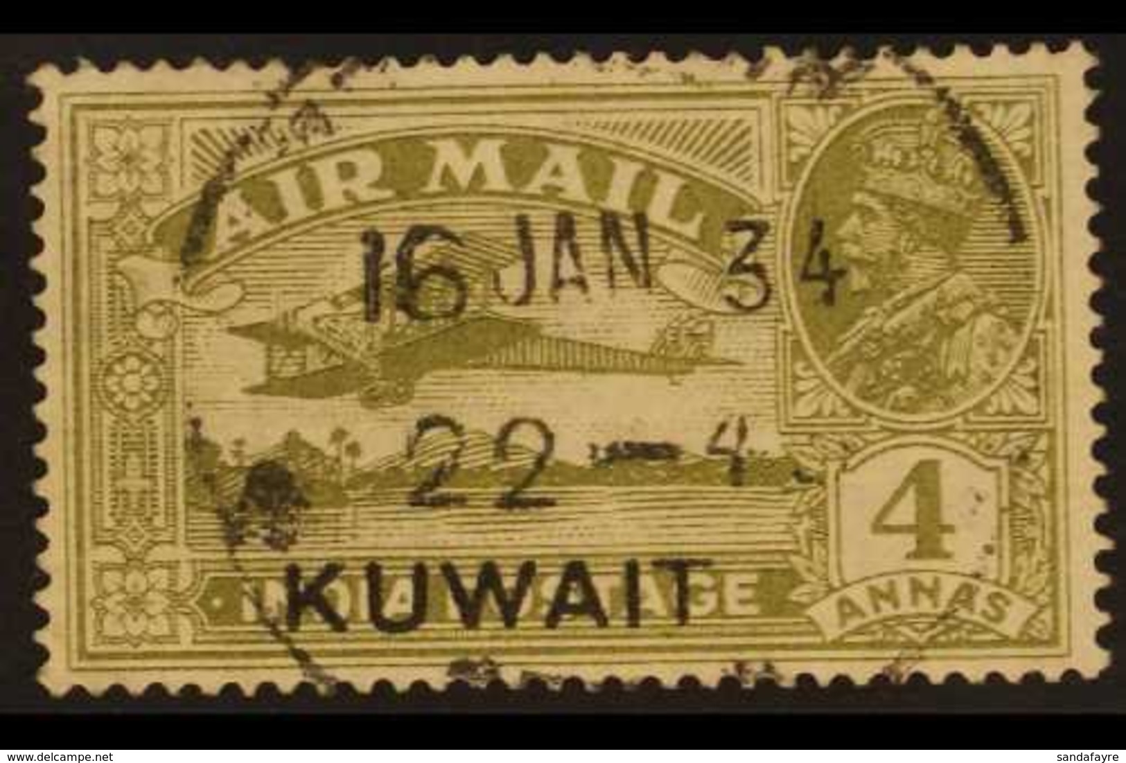 1933  4a Olive Green, Airmail, SG 33, Very Fine Used. For More Images, Please Visit Http://www.sandafayre.com/itemdetail - Kuwait