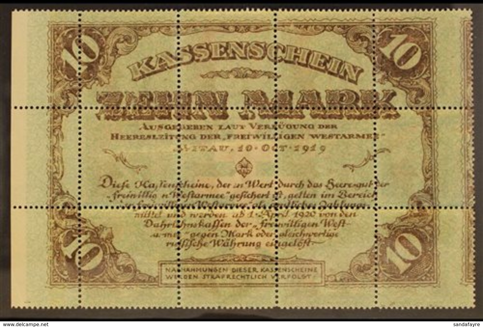 1920 COMPLETE BANKNOTE  20k+30k Red & Brown Red Cross Printed On Back Of Green & Brown Western Army Note (Michel 51z, SG - Lettland