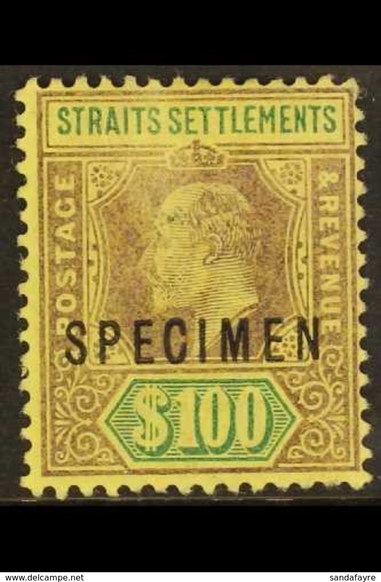 1902 - 03  $100 Purple And Green On Yellow, Overprinted "Specimen", Ed VII, SG 122s, Mint Og, Light Rub On Face. For Mor - Straits Settlements