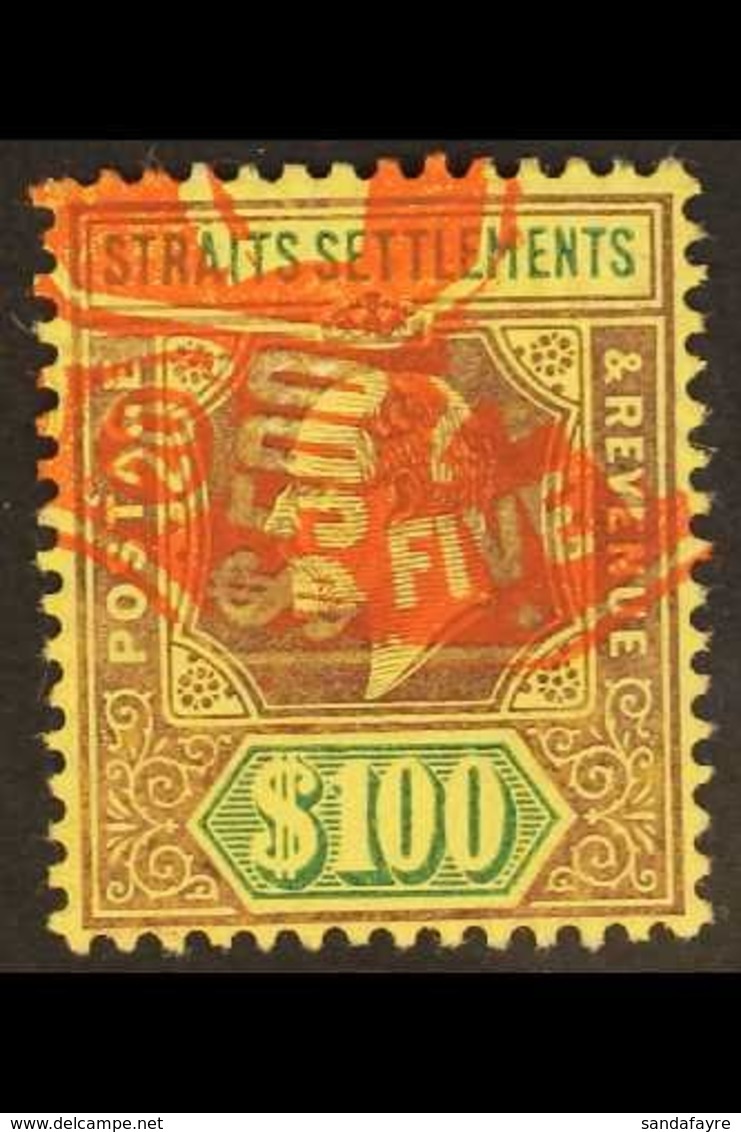 1904  $100 Purple And Green On Yellow, Ed VII, SG 140, Superb Used With Fiscal Cancel. Rare Stamp. For More Images, Plea - Straits Settlements