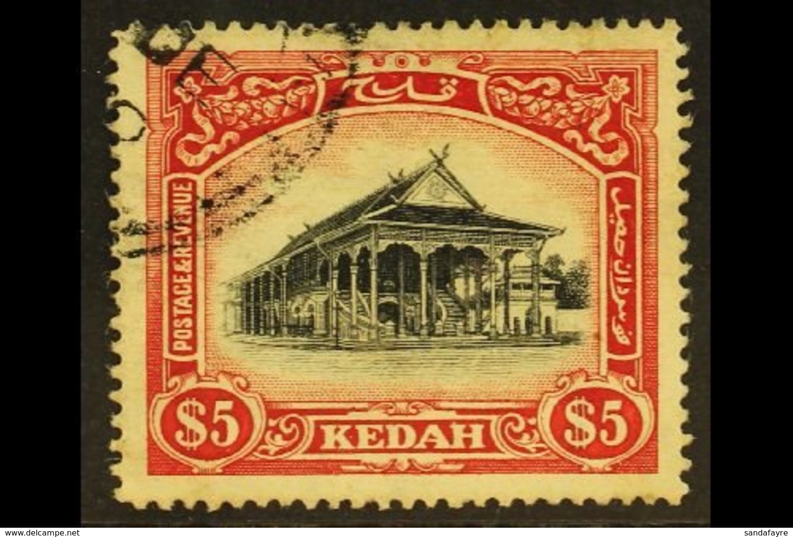 KEDAH  1912 $5 Black And Red Council Chamber, SG 14, Very Fine Used. For More Images, Please Visit Http://www.sandafayre - Andere & Zonder Classificatie