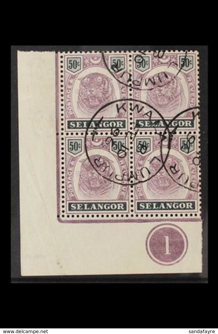 SELANGOR  1895 50c Dull Purple And Greenish Black, SG 59, Fine Used Corner Pl #  Block Of 4. For More Images, Please Vis - Sonstige & Ohne Zuordnung