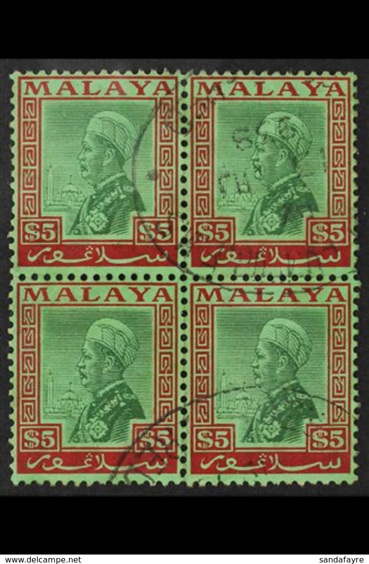 SELANGOR  1935 - 41 $5 Green And Red On Emerald, Sultan, SG 85very Fine Used Block Of 4., For More Images, Please Visit  - Otros & Sin Clasificación