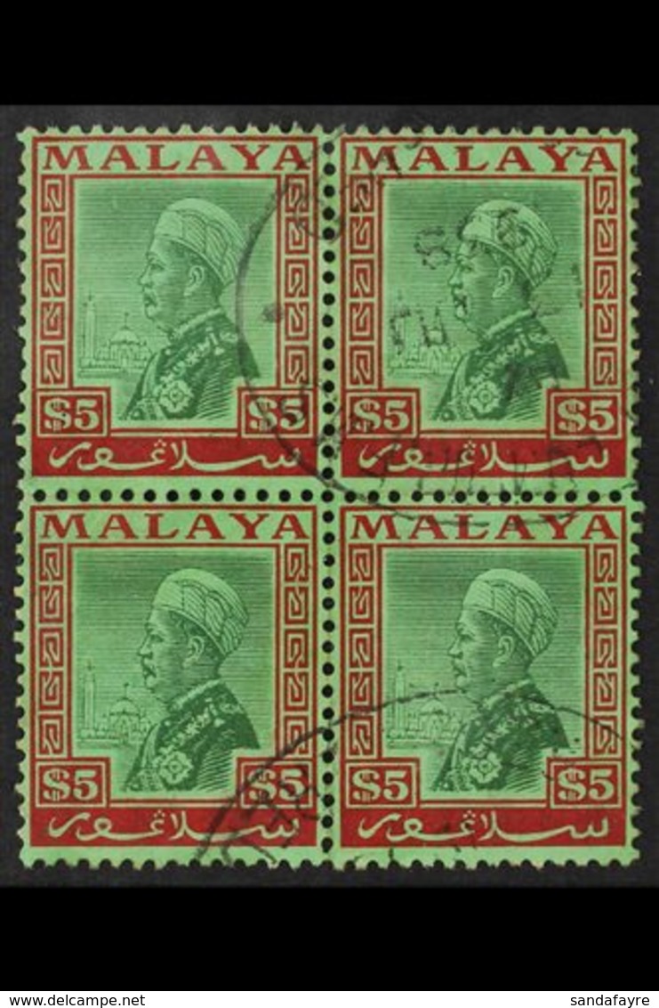 SELANGOR  1935 - 41 $5 Green And Red On Emerald, Sultan, SG 85very Fine Used Block Of 4., For More Images, Please Visit  - Other & Unclassified