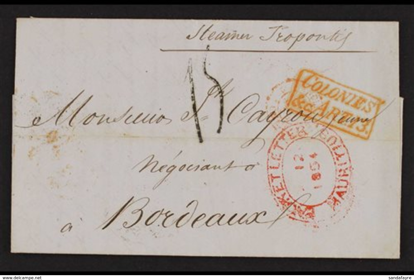 1854  (Oct) Neat And Attractive Entire Letter In French To Bordeaux "Steamer Teopondis", And Showing A Fine Oval Red "PA - Maurice (...-1967)