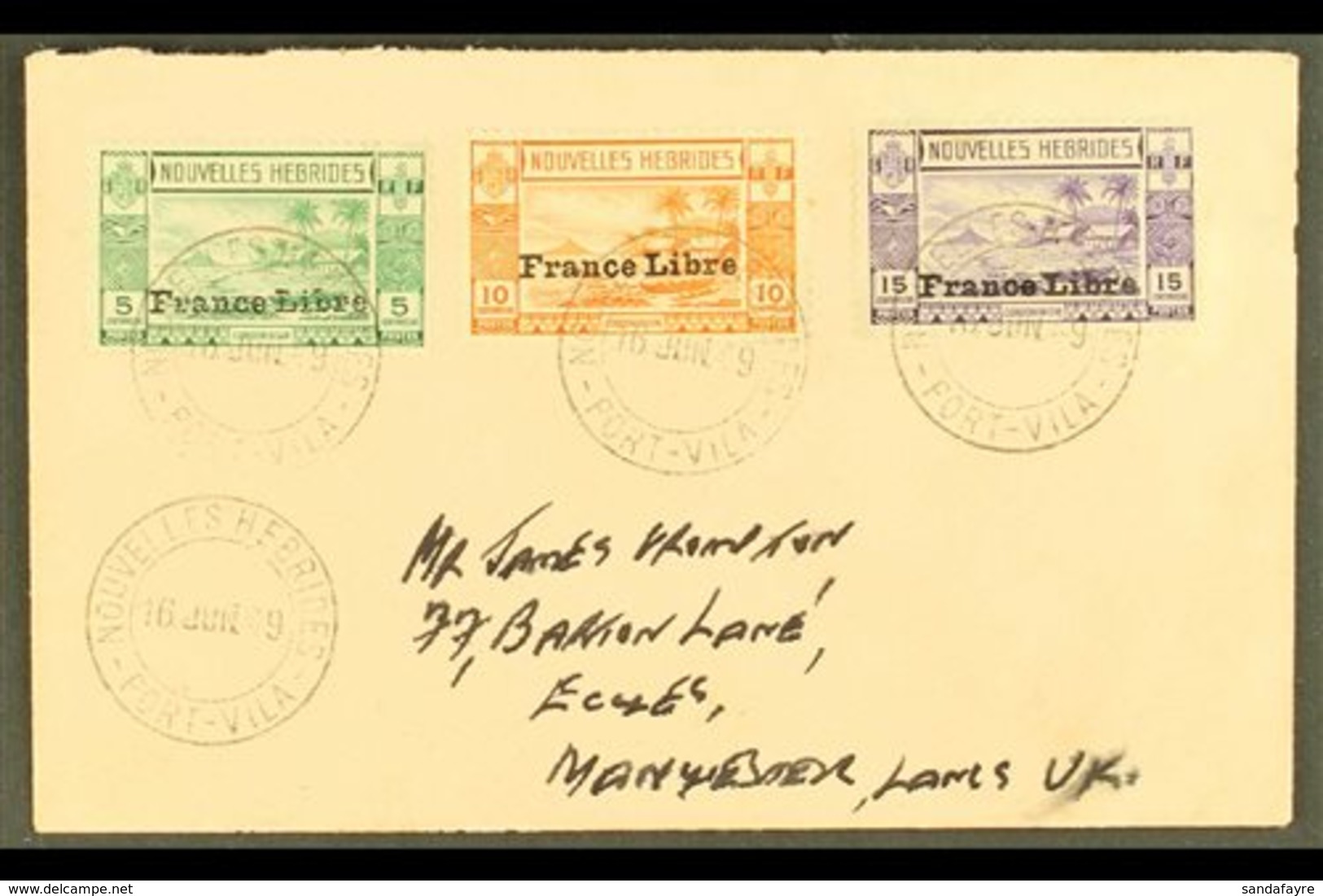 FRENCH 1941  France Libre Overprinted 5c To 15c, SG F65/67, On An Envelope Cancelled Port Vila June 1949 To England. For - Otros & Sin Clasificación