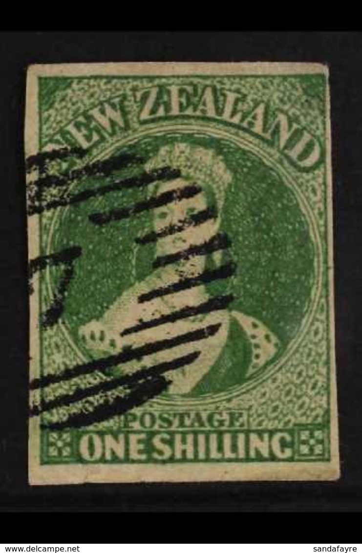 1862-64  1s Yellow Green Chalon, Davies Printing, SG 46, With Four Clear To Large Margins And Neat "7" Cancel. Some Thin - Other & Unclassified