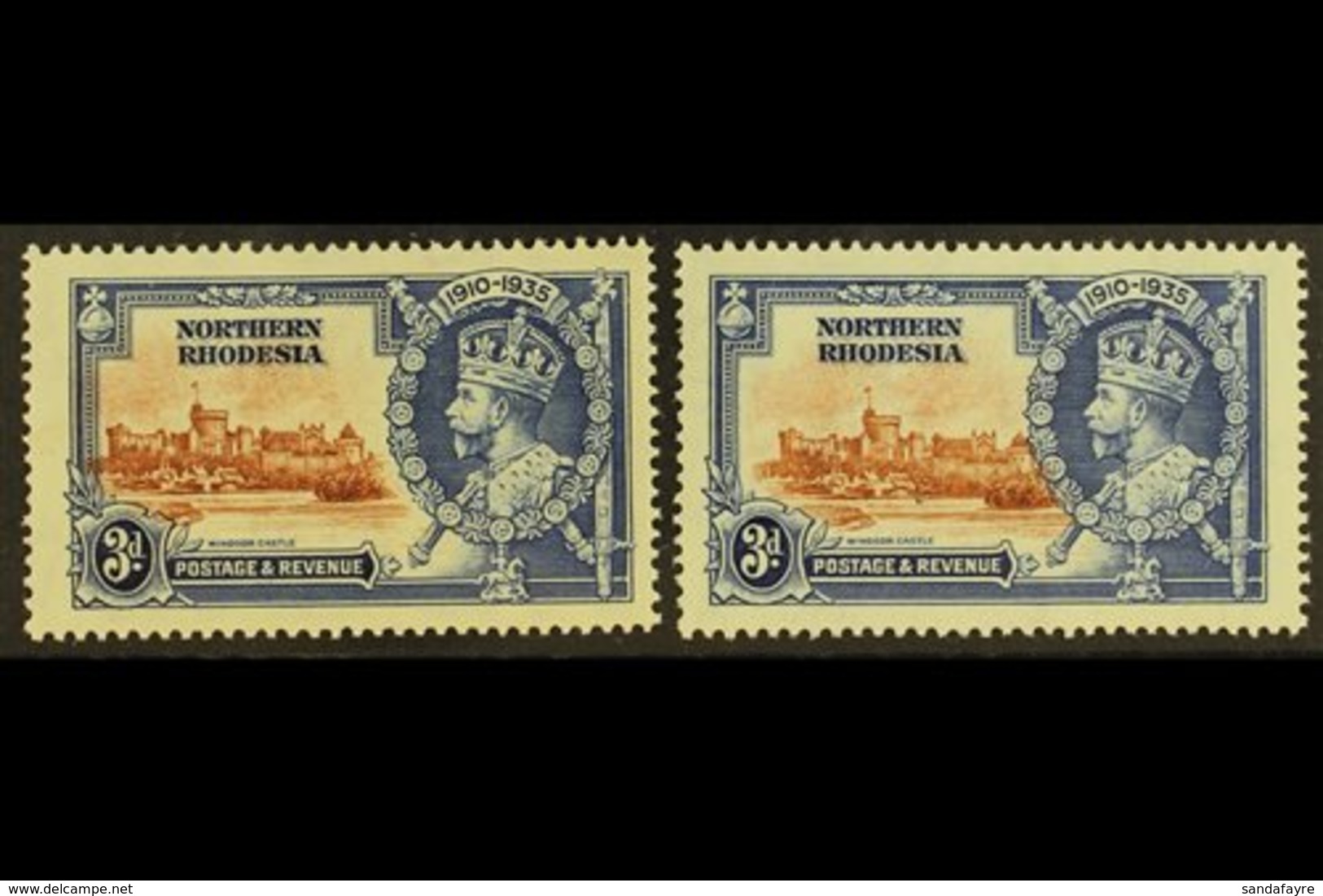 1935  3d Silver Jubilee, Two Examples With Vignettes Shifted Either To Left Or The Right, Into The Frame Design, SG 20,  - Northern Rhodesia (...-1963)